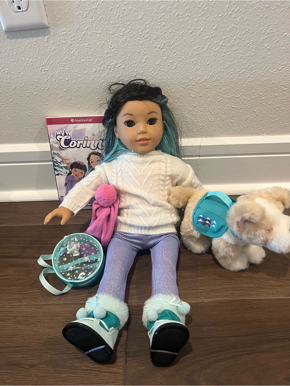 American Girl Corrine Doll with Teal Boots and Teal Backpack and pet dog